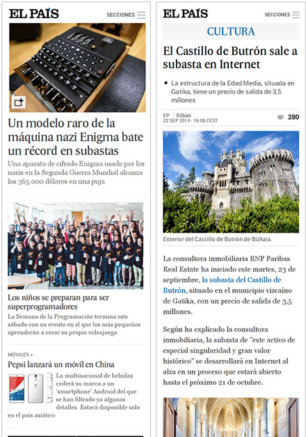 Capturas de pantalla de la versión móvil de EL PAÍS